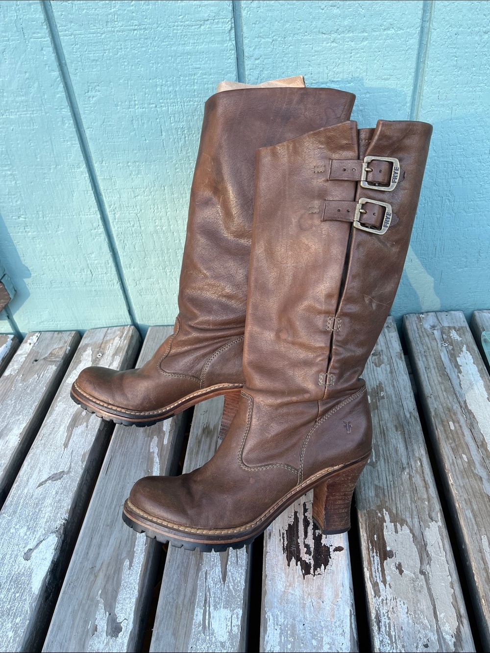 FRYE Mildred Engineer Tall Heeled Brown boots